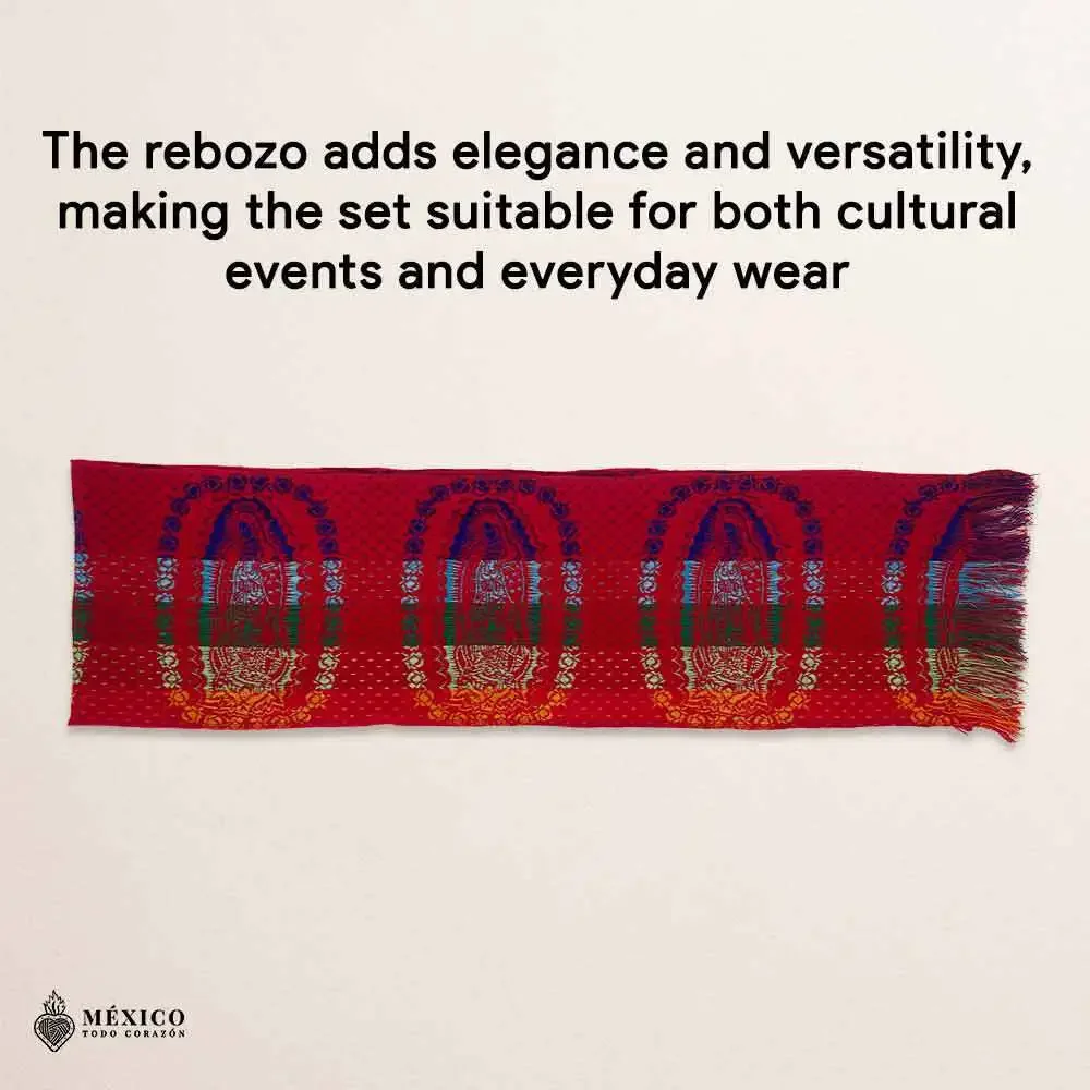 Traditional Mexican 3-Piece Cambaya Dress Set with Matching Rebozo Handmade